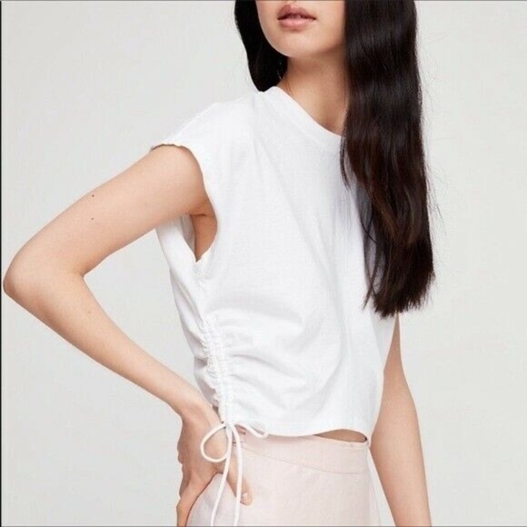 Aritzia Wilfred light Pink Ruched T-shirt Muscle tee size small side ties - Picture 9 of 9